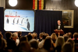 Sir Ranulph Fiennes speaking at the dinner